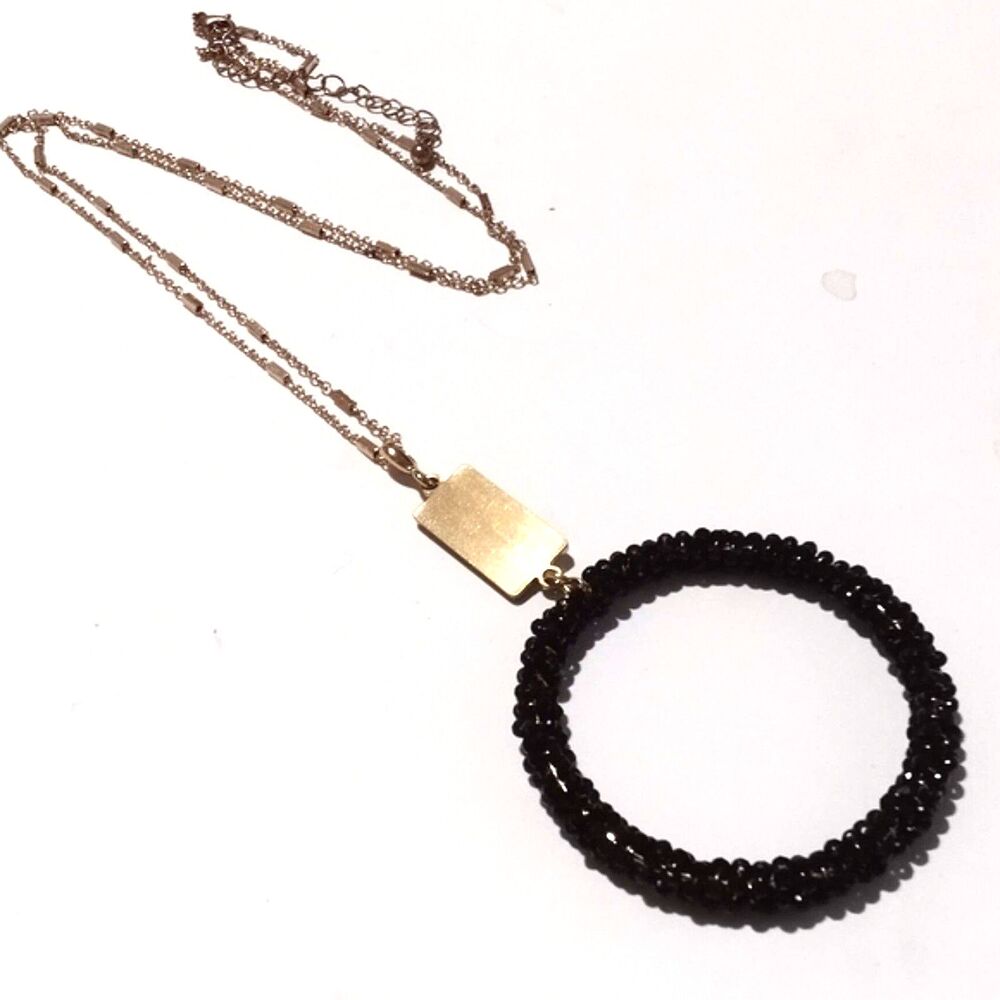 Gold Tone Black Faceted Bead Ring Drop Pendant Necklace 30"